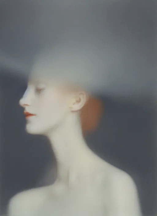 Image similar to out of focus photorealistic portrait of a beautiful pale young woman by sarah moon, very blurry, translucent white skin, closed eyes, foggy, closeup, with a weird hat