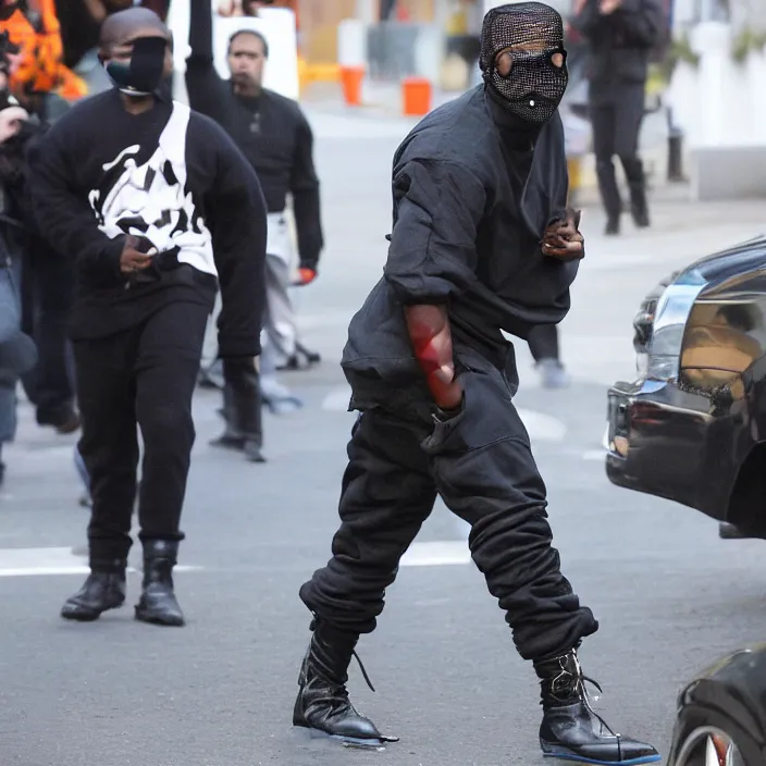 Image similar to paparazzi photo of kanye west using a black face - covering mask made of cloth with small holes, a blue puff undersized round jacket, a black shirt underneath and black rubber boots, paparazzi, detailed,