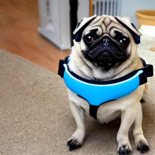 Prompt: a pug wearing a VR headset. Photorealistic.