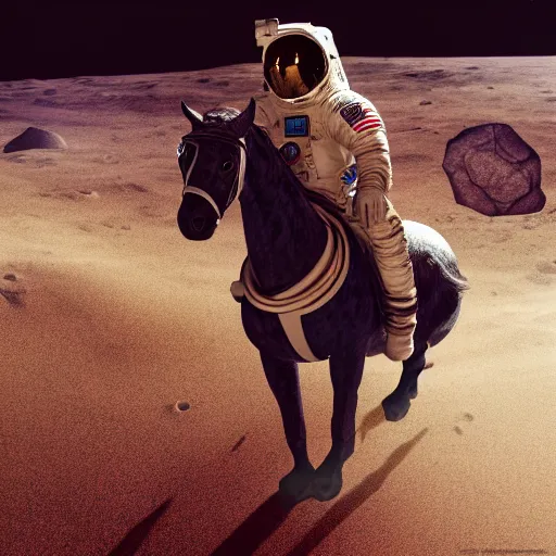 Prompt: astronaut riding a horse on the moon, hyperrealistic masterpiece, trending on artstation, cgsociety, kodakchrome, golden ratio, cinematic, composition, beautiful lighting, hyper detailed, octane render, 4 k, unreal engine