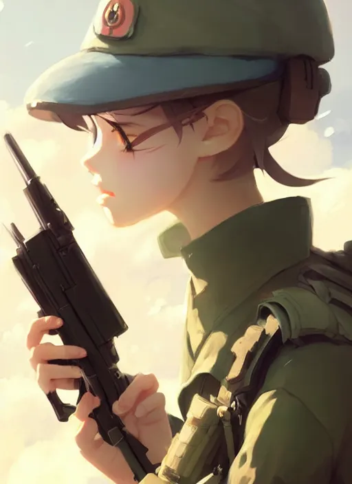 Image similar to portrait of cute soldier girl, cloudy sky background lush landscape illustration concept art anime key visual trending pixiv fanbox by wlop and greg rutkowski and makoto shinkai and studio ghibli and kyoto animation soldier clothing military gear realistic anatomy pale skin