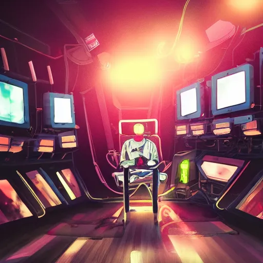 Image similar to a man sitting on a chair with things attached to his head, screens and monitors in front of him playing videos, ship interior, narrow hallway, scifi colors, dramatic lighting, dark, spotlight, surreal, by magali villeneuve