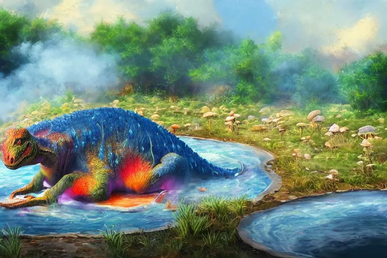 Prompt: highly detailed oil painting of a dinosaur ( ( mushroom ) ) in a steaming colorful hotspring, featured on artstation