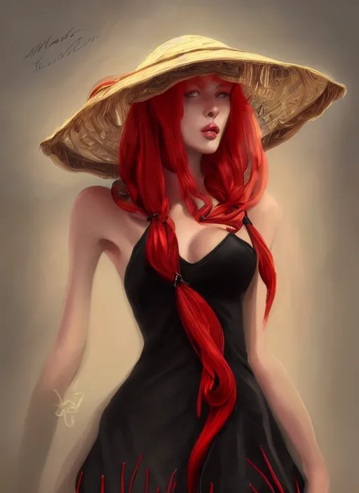 Image similar to a highly detailed illustration of tall beautiful red haired lady wearing black spaghetti strap dress and sun hat, elegant pose, perfect face, perfect body, perfect eyes, intricate, elegant, highly detailed, centered, digital painting, artstation, concept art, smooth, sharp focus, league of legends concept art, wlop.