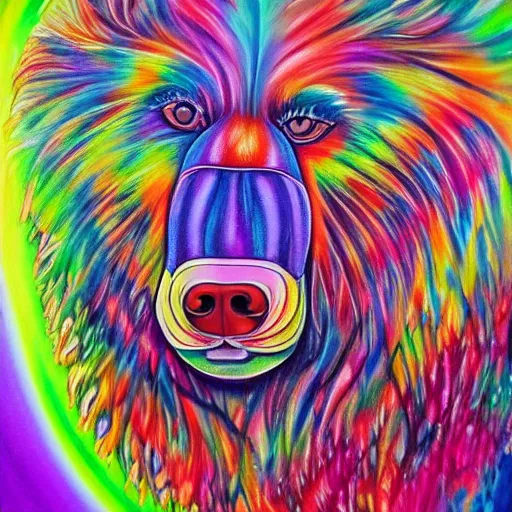 Image similar to a painting of a bear in a tree, an airbrush painting by lisa frank, trending on deviantart, psychedelic art, detailed painting, airbrush art, acrylic art