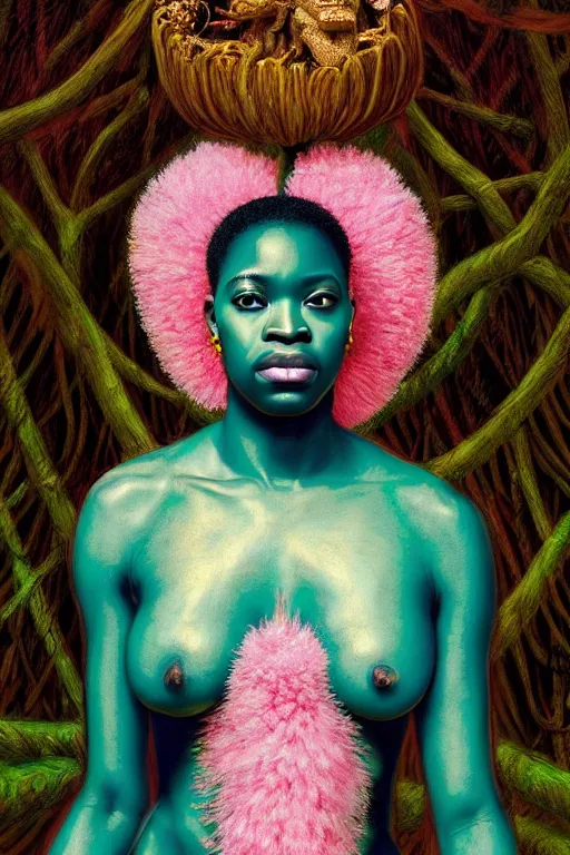 Prompt: hyperrealistic post - baroque masterpiece super expressive! yoruba goddess with pink exoskeleton armor, merging with tree in a forest, highly detailed digital art cinematic, smooth cam de leon eric zener dramatic pearlescent soft teal light, ground angle hd 8 k, sharp focus