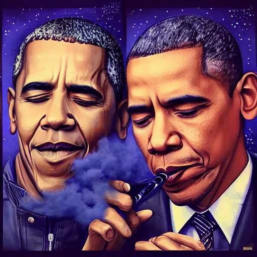 Image similar to a beautiful cosmic matte painting of obama and jay - z smoking blunts in outer space, by artgerm, trending on artstation