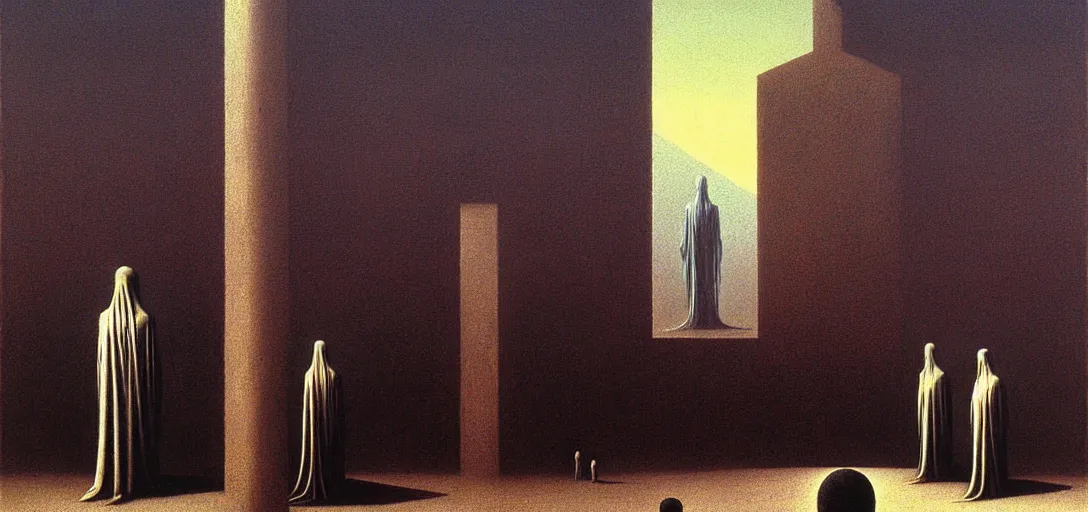 Prompt: dystopian surreal painting of a single eerie head statue surrounded by uneven buildings and alien monks in robes, artstyle by zdzisław beksinski and caravaggio