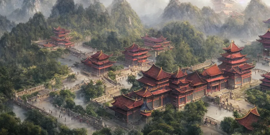 Prompt: a majestic chinese palaces complex, trending on artstation, dreamy, fairy tale, expansive view, ultra wide angle, ultra - hd, super - resolution, massive scale, by greg rutkowski and thomas kindade, trending on artstation.