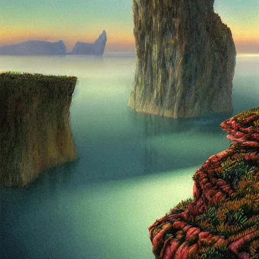 Image similar to artistic digital artwork of a lush natural scene on an alien planet. beautiful landscape by lurid ( 2 0 2 2 ), michael whelan and remedios varo. weird vegetation. cliffs and water. grainy and rough. interesting pastel colour palette. beautiful light. oil and water colour based on high quality render.