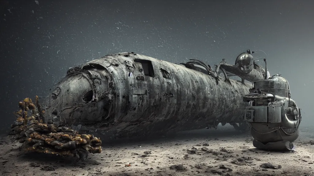 Prompt: a photorealistic dramatic hyperrealistic underwater render of an deep sea submersible, ultra realistic details, glossy surface, well worn, rust, oil stains designed by vitaly bulgarov and mike nash, beautiful dramatic dark moody tones and lighting, cinematic atmosphere, global illumination, shadows, dark background, octane render, 8 k