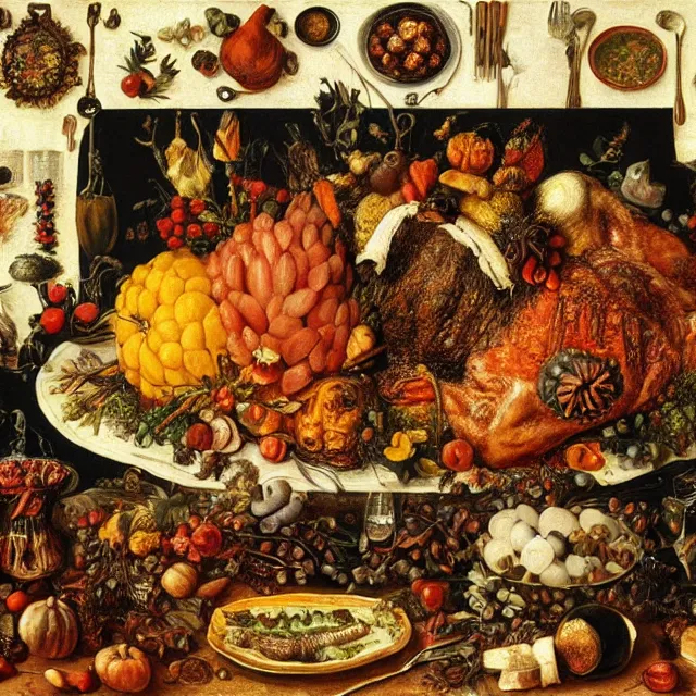 Image similar to victorian thanksgiving feast, black background, vanitas, still life by giuseppe arcimboldo, intricate high detail masterpiece