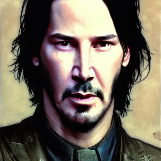 Image similar to full portrait of cyberpunk keanu reeves, sci - fi, d & d, intricate, detailed, by by alphonse mucha, adolfo hohenstein, alice russell glenny, stanley artgerm lau, greg rutkowski, detailed, trending on artstation, trending on artstation, smooth