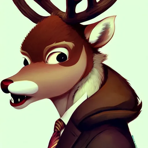 Image similar to character design portrait of a stupid chinese anthropomorphic furry deer man with deer ears, short brown hair, wearing a suits, looking at the camera, 4 k, concept art, by wlop, wenjun lin, watercolor, ilya kuvshinov, artgerm, krenz cushart, pixiv.