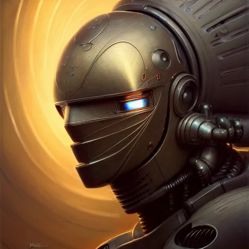 Image similar to low angle portrait shot of a cyberpunk gazmask robot character, intricate, elegant, highly detailed, centered, digital painting, artstation, concept art, smooth, sharp focus, illustration, artgerm, Tomasz Alen Kopera, Peter Mohrbacher, donato giancola, Joseph Christian Leyendecker, WLOP, Boris Vallejo