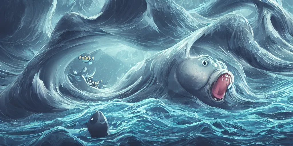 Image similar to of a stormy ocean with strange cute friendly happy creatures with huge eyes, mouth, long tongue, round teeth and goofy face, appearing from the background, in the style of gehry and gaudi, macro lens, shallow depth of field, ultra detailed, digital painting, trending artstation, concept art, illustration, cinematic lighting, photorealism, epic, octane render