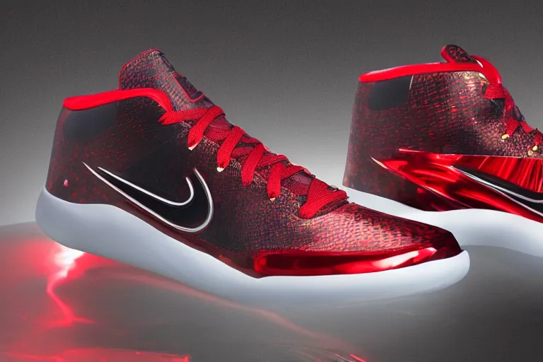 Prompt: mid product still of The New metallic red and gold Ironman Nike sneakers with glowing arc reactor swoosh and carbon fiber accents, 4k