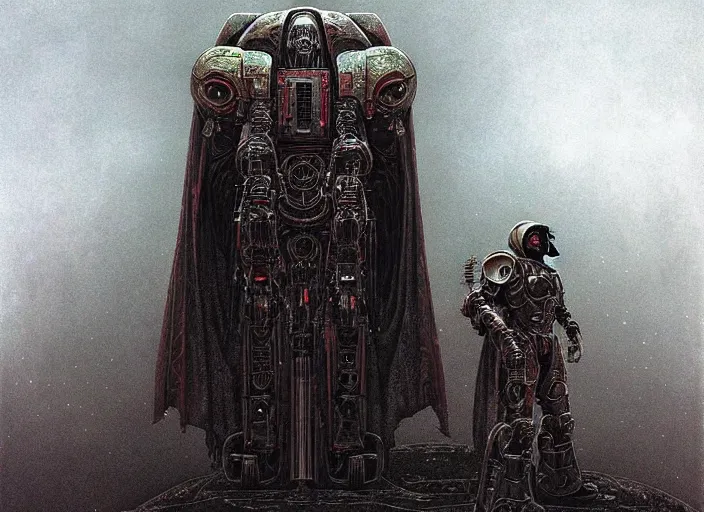 Prompt: an epic potrait of knowledge seeking cloaked tech priest, Adeptus Mechanicus!!!, cybernetic enhancements, praise the omnissaiah, Zdzislaw Beksinski, Lewis Jones, mattias adolfsson, Warhammer 40K!!, cold hue's, warm tone gradient background, concept art