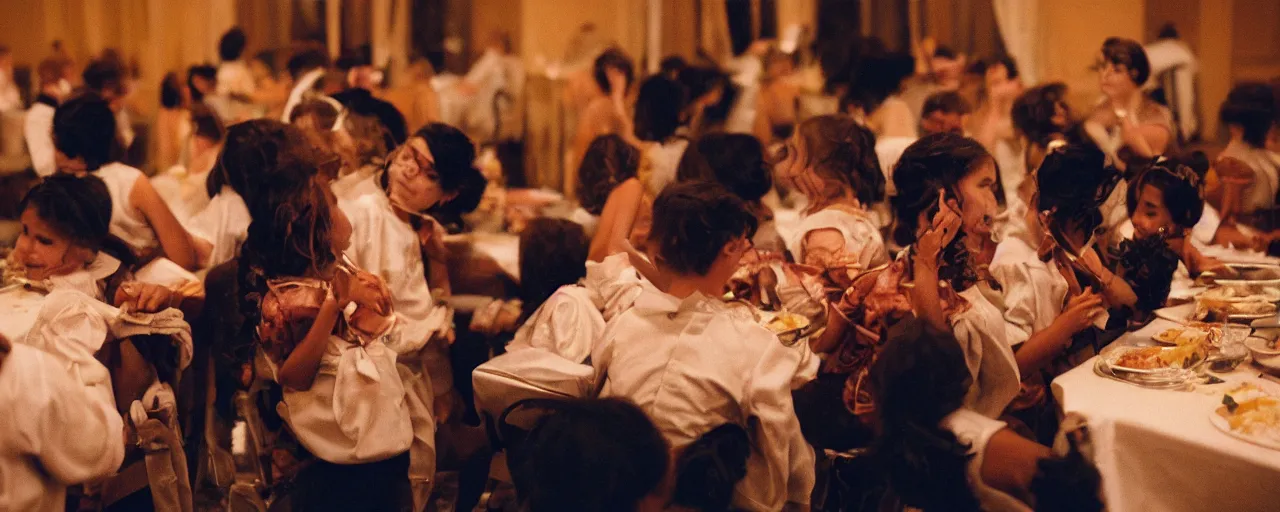 Image similar to young people eating spaghetti at a cotillion dance, fancy outfits, high detailed face, facial expression, small details, intricate, canon 5 0 mm, high detail, intricate, cinematic lighting, photography, wes anderson, film, kodachrome