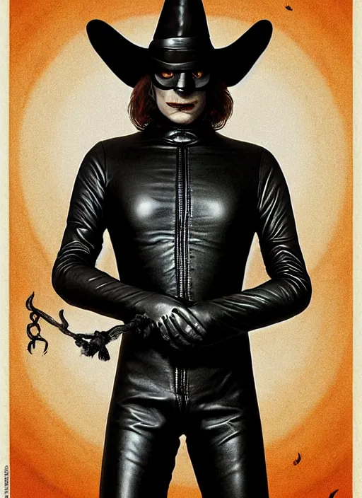 Image similar to perfectly centred realistic picture of a character dressed in leather tight suit and witch hat, dark,!! poster by waldemar swierzy, wiktor gorka, leszek zebrowski