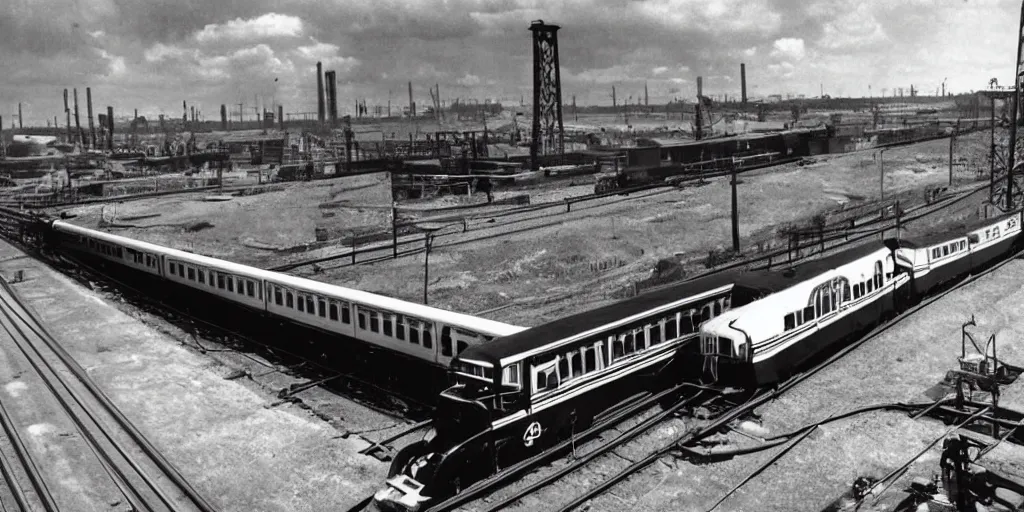 Prompt: wide angle view of streamline train speeding. futurism. industrial revolution and progress.
