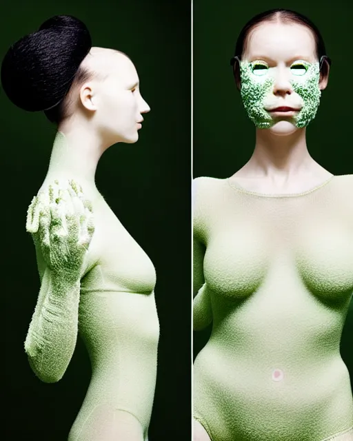 Image similar to portrait of a woman wearing a green embroidered translucent silicone mask and white frizzy hair buns, wearing a black bodysuit by alexander mcqueen, cream white background, soft diffused light, biotechnology, humanoide robot, bjork aesthetic, translucent, by rineke dijkstra, intricate details, highly detailed, masterpiece,