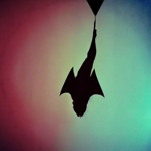 Image similar to a melancholic!! bat!!! hanging upside down from the ceiling, sad, psychedelic, beautiful composition, beautiful colors, sad, masterpiece