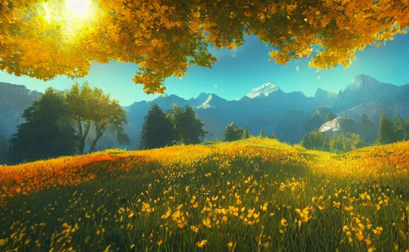 Image similar to mountain landscape in ( ( summer ) ), flowers, trees, bright landscape, dreamy light, sunny, floating particles, complementary palette, by and jacek yerga and jesse king, pop surrealist, wiccan, unreal engine, bokeh, detailed