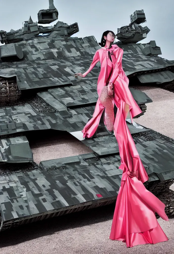 Prompt: gorgeous chinese model, elegant shiny reflective party dress, at the front of a military tank at dusk, high fashion photography for vogue italia, fluorescent color airbrush accents, neon lasers, linear geometry