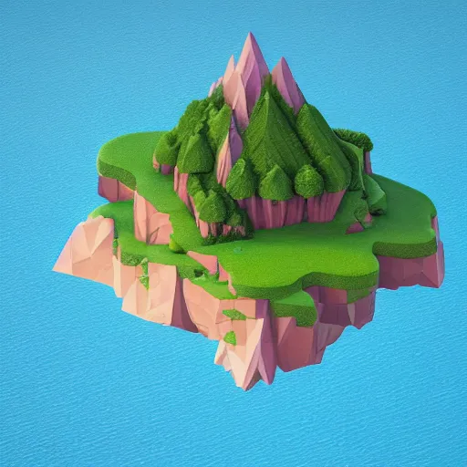 Prompt: a floating island on an aquatic environment isometric art, lago di sorapis landscape, low poly art, game art, artstation, 3D render, high detail, cgsociety, octane render, sharp focus