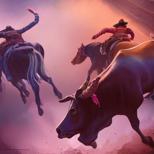 Image similar to cowboys chasing cattle, colorful, dramatic lighting, detailed, intricate, elegant, highly detailed, digital painting, artstation, concept art, smooth, sharp focus, illustration