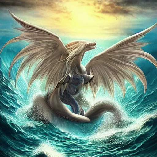 Image similar to a beautiful, celestial, oceanic drakopegasus rising from the sea, fantasy art,