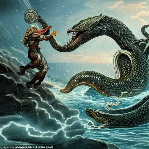 Image similar to Thor fighting Jormungandr the world serpent in the sea in night, neo-romanticism, norse mythology, very detailed