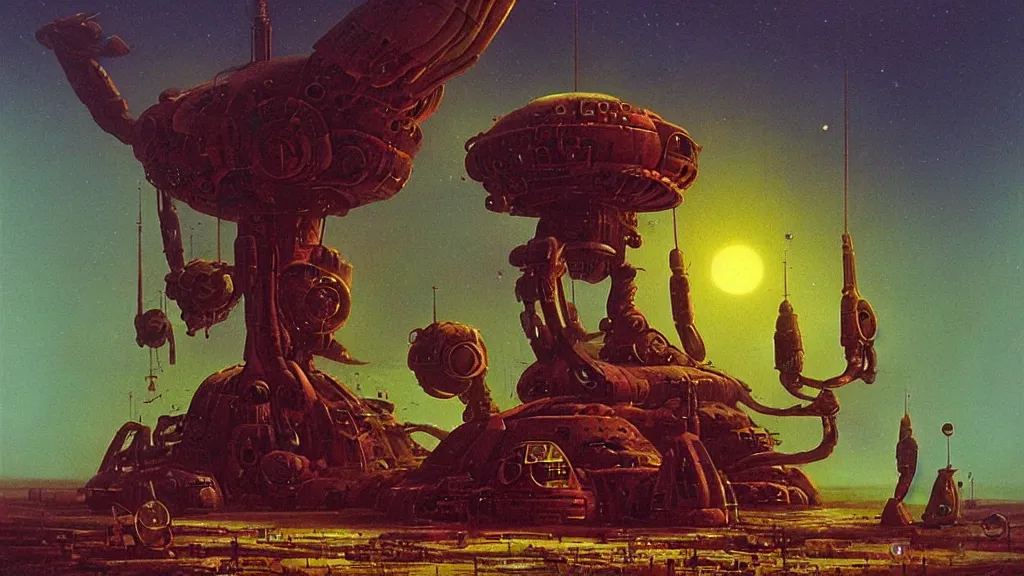 Image similar to mysterious whimsical sculpture of alien technology by paul lehr and john schoenherr and john harris, cinematic matte painting