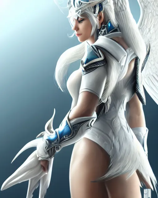 Image similar to perfect white haired attractive egyptian goddess with huge white dove wings, warframe armor, beautiful, symmetric, dreamy, half asian, pretty face, blue eyes, detailed, scifi platform, laboratory, experiment, 4 k, ultra realistic, epic lighting, android body, illuminated, cinematic, masterpiece, art by akihito tsukushi, voidstar