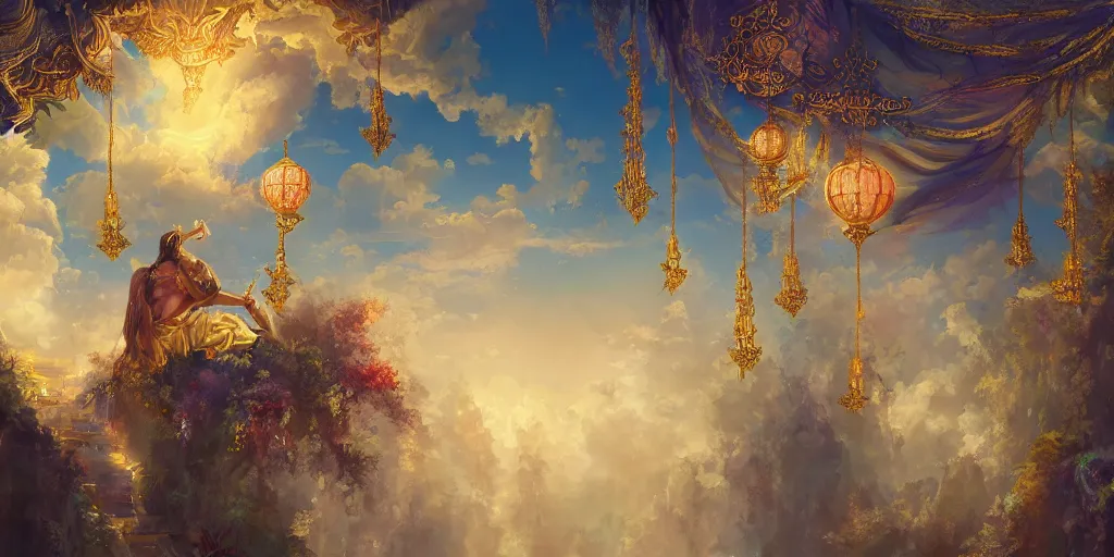 Image similar to painting of a god of wind enjoying his ornate heavenly palace, decorated with windchimes and paper lanterns, stunning nature in background, digital art trending on artstation