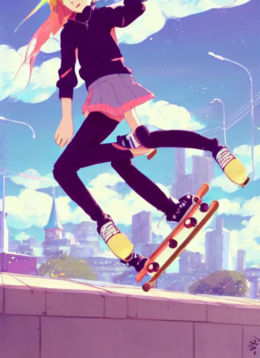 Prompt: a cute skater girl skating on obstacles, sunny sky background, city landscape, illustration, concept art, anime key visual, trending pixiv fanbox, by wlop and greg rutkowski and makoto shinkai and studio ghibli and kyoto animation, symmetrical facial features, urban clothing, piercings, realistic anatomy, backlit, polaroid