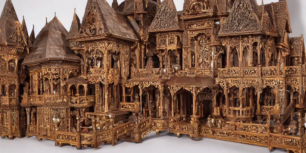 Image similar to an incredibly hyper realistic photorealistic polished sandalwood & rosewood gothic hotel encrusted with fine detailed intricate priceless gems & jewels