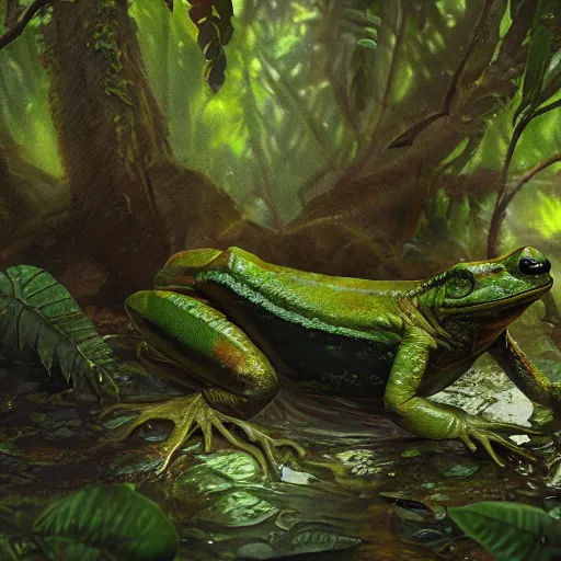 Image similar to an amphibian goblin in a rainforest, digital art, realistic, 8 k, matte painting, fantasy art, ultra detailed