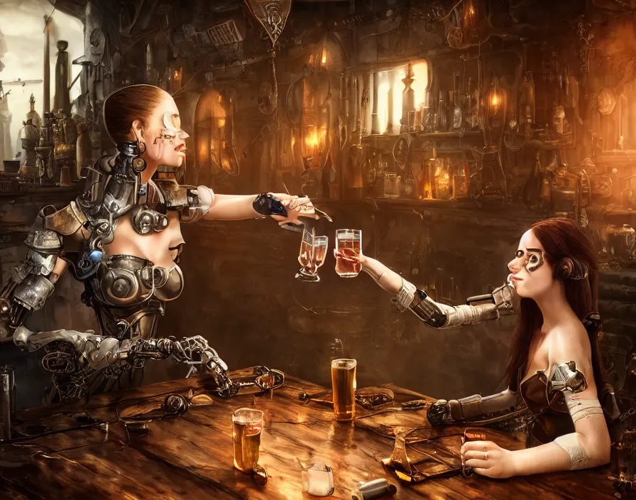 Image similar to a cyborg girl drinking jn fantasy airship tavern, steampunk, realistic fingers, realistic body, realistic clothing, beautiful texture, beautiful graphics, fantasy artwork, very beautiful scenery, hd, hdr, ue 5, ue 6, unreal engine 5, cinematic 4 k wallpaper, 8 k, ultra detailed