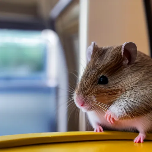 Prompt: detailed photo of a hamster sitting in a train, various poses, full body, unedited, daylight, dof, sharp focus, 8 k