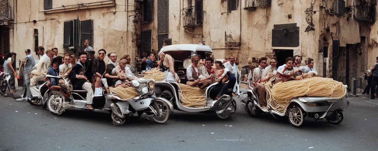 Image similar to a group of people on the streets of rome riding in a car made of spaghetti, canon 5 0 mm, cinematic lighting, photography, retro, film, kodachrome