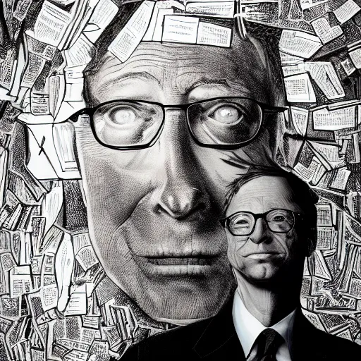 Image similar to bill gates full body portrait, piles of syringes behind him, body horror, black and white illustration by junji ito and francis bacon, hunter s thompson feeling of grimdark, sharp focus, fiction, hyper detailed, digital art, trending in artstation, cinematic lighting, studio quality, smooth render, unreal engine 5