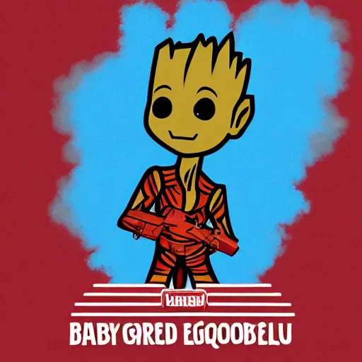 Image similar to baby groot and random english words with red and black colors as pop smoke album cover