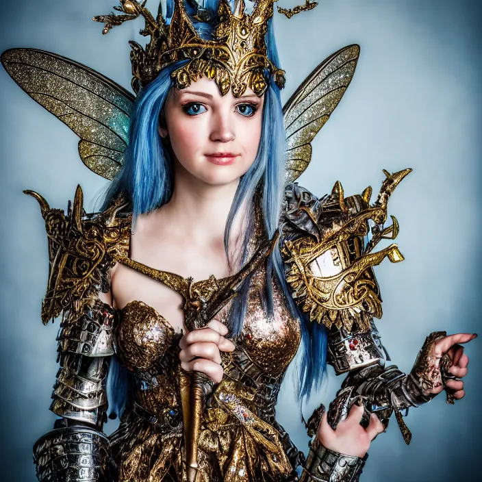 Image similar to photo of a very beautiful!! fairy queen with ornate sparkling armour, highly detailed, 4 k, hdr, smooth, sharp focus, high resolution, award - winning photo