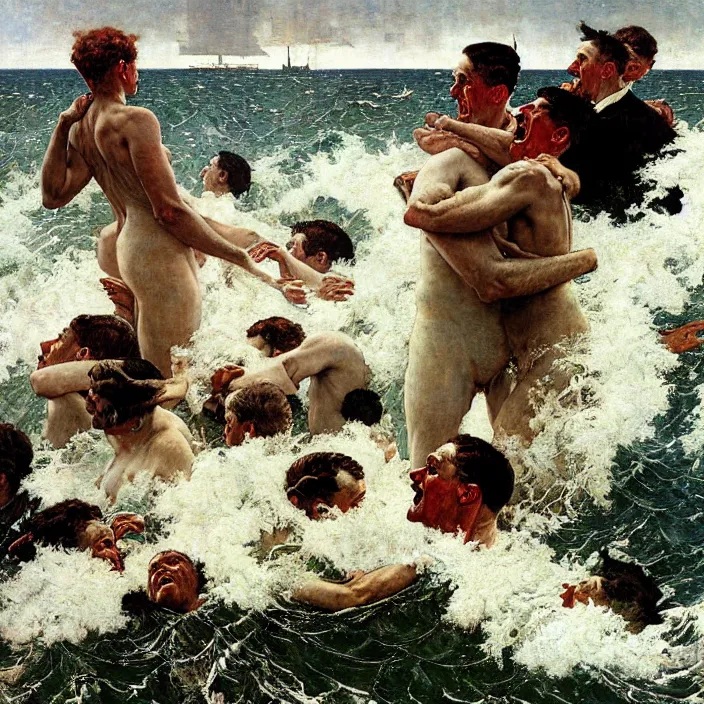 Image similar to the pandemonium of the sea becomes the man, oil on canvas, by norman rockwell