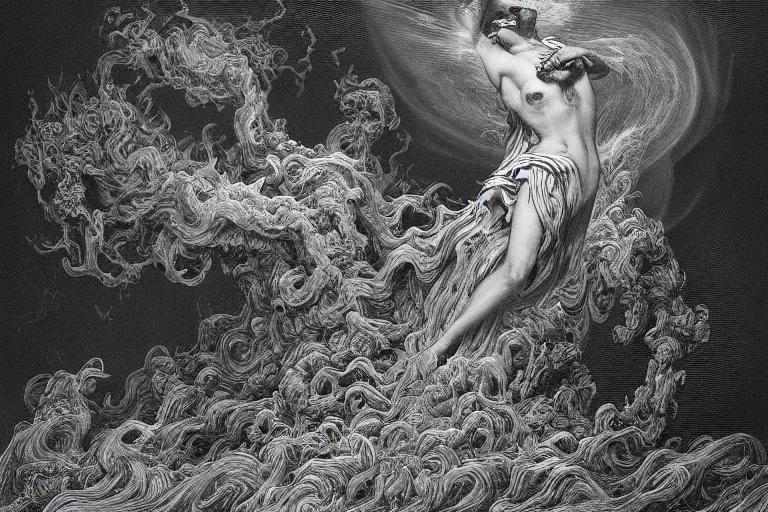 Image similar to the oracle of death rising from a cyclone of smoke and ashes by gustave dore by james jean