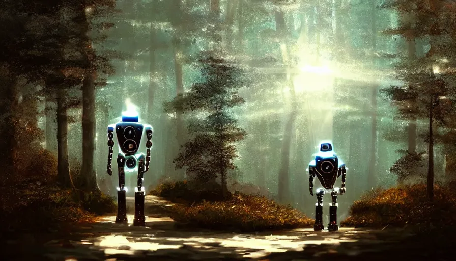 Image similar to walking robot covered in shining chrome armor, many reflections, many large glowing lights, solarpunk!!, beautiful forests and trees, sun rays, cinematic, concept art, trending on artstation, masterpiece.