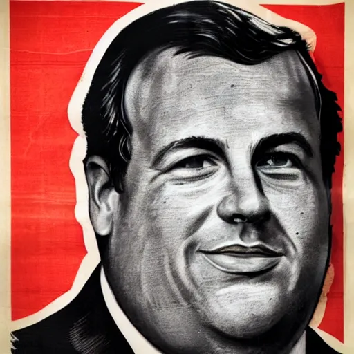 Prompt: chris christie. soviet propaganda poster. soviet realism. monochromatic red. cheap printing, fading ink, torn edges