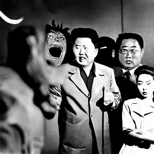 Image similar to a filmstill of Kim Jong-il seeing the monster in Godzilla (1954) by Ishirō Honda